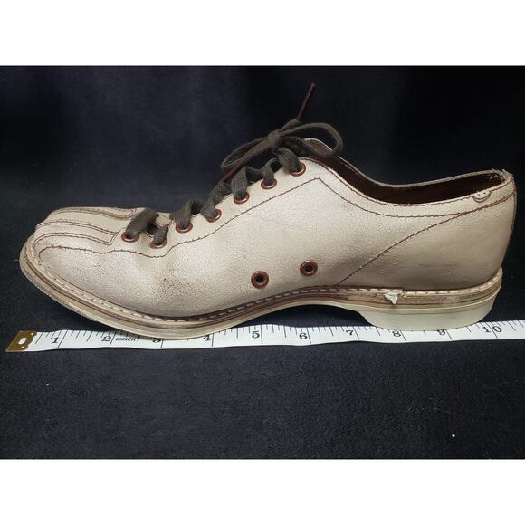 Vintage Brunswick Tan Leather Brown Grommets Split Toe Bowling Shoes Travel Bag - Picture 11 of 14